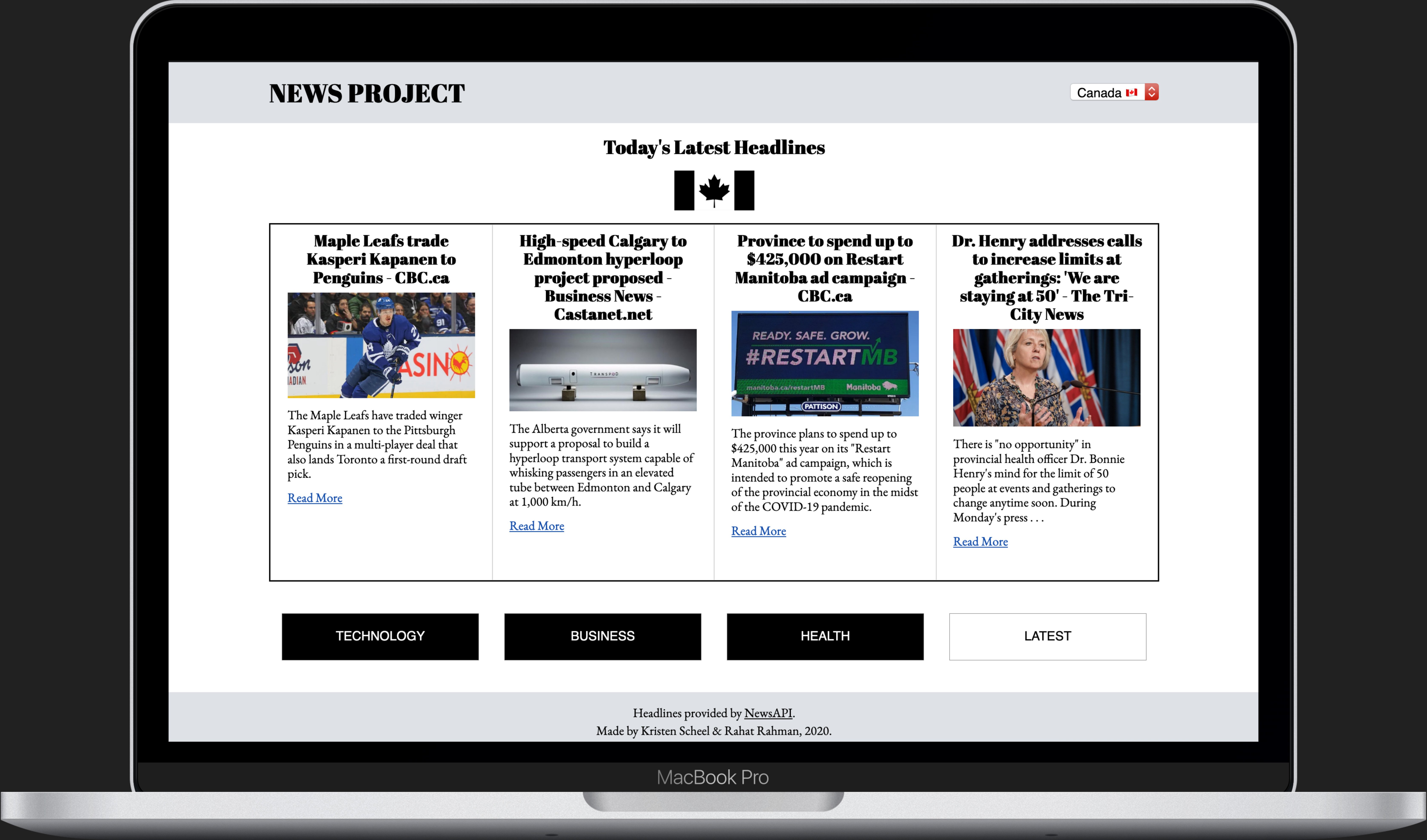 Screenshot of News Project showing the latest Canadian headlines.